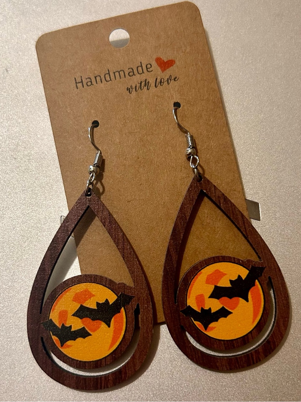 Handmade Wooden lightweight Halloween Bat Teardrop Earrings - Brown and Orange